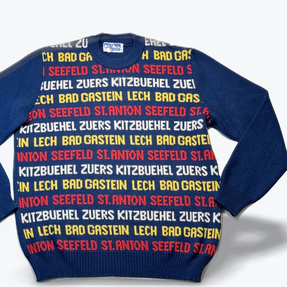 Vintage 70s Alpin Diana Crylor Ski Sweater All Over Print Spellout Fits Men L XL